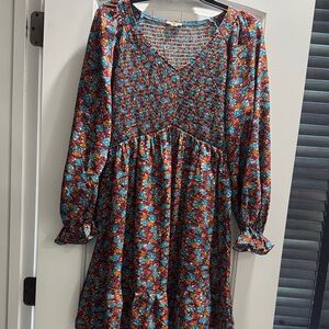 JODIFL Teal Floral Smocked Bodice Long Sleeve Dress